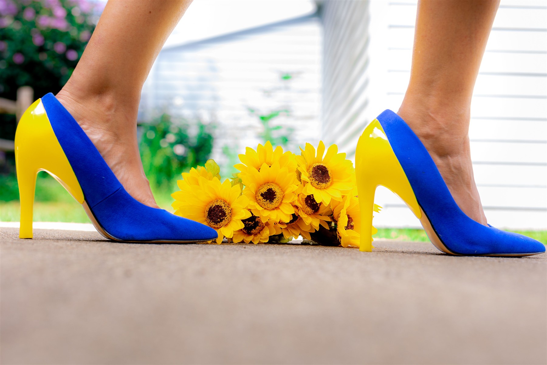 Blue slim high heels with yellow Novelty Heels covers
